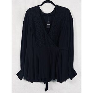 Torrid Wrap Top Women's 4 US 4X Black Blouse Lace Trim Long Sleeves